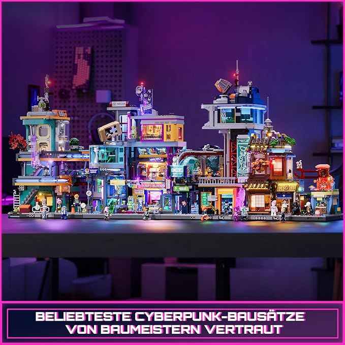 FUNWHOLE Cyberpunk Japanese-Izakaya Lighting-Building-Bricks Set - Cyberpunk Neon City Future Pub Japanese Street View House Collection LED Light Model Set 1987 Pcs for Adults and Sci-fi Lovers
