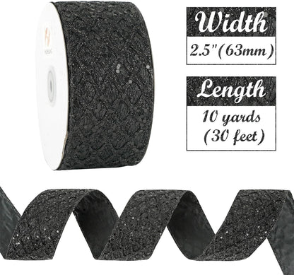 HUIHUANG Glitter Black Wired Ribbon for Christmas Tree 2.5 inch Black Diamond Mesh Wire Ribbon for Tree Decoration, Wreaths, Garland, Gift Wrapping, Bows Making, Halloween Decor -10 Yards - Crafty Corner