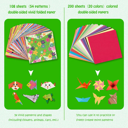 308 Sheets Origami Paper Kit, 5.5inch Craft Origami Set for Kids Ages 5-12, with 54 Patterns & Guiding Book for Beginners, Art Projects for Children Adult, Birthday Christmas Gifts for Boys&Girls - Crafty Corner