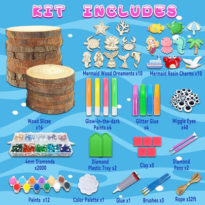klmars Mermaid Themed Wooden Painting Kit-Glow in The Dark-Arts & Crafts Gifts for Kids Girls Ages 6-12-Wood Slice Craft Activities Kits -Mermaid Art Toys for Kids Christmas Gifts