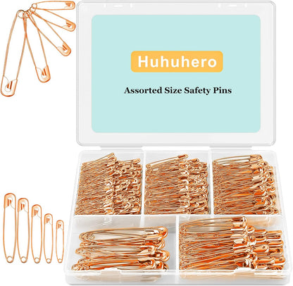 340 Pack Safety Pins Assorted, 5 Different Sizes Small and Large Safety Pins for Clothes Costume, Nickel Plated Steel Bulk, Sewing Crafts Art Supplies, Rose Gold