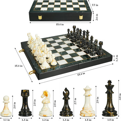 15" Large Chess Set for Adults- Weighted Acrylic Pieces Including Extra 2 Queens, 3.5" King w/Leather Base, Portable Folding Marbling Wooden Chess Board - Travel/Family Game & Elegant Gift