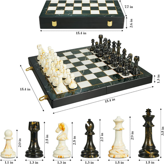 15" Large Chess Set for Adults- Weighted Acrylic Pieces Including Extra 2 Queens, 3.5" King w/Leather Base, Portable Folding Marbling Wooden Chess Board - Travel/Family Game & Elegant Gift
