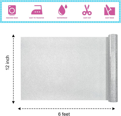 Silver Glitter Heat Transfer Vinyl 12Inch*6FT Glitter Iron on Vinyl for T Shirts Easy to Cut and Weed Compatible with All Cutter Machines HTV Vinyl Iron on for Cricut (Silver12Inches*6Ft)