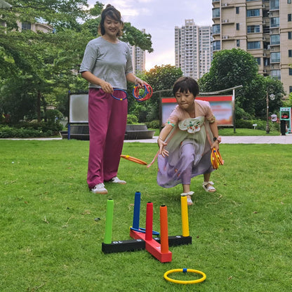 Ring Toss Game for Kids, Indoor & Outdoor Game for Family and Adults with 5 Poles, 2 Bases and 16 Rings in 4 Colors, Soft Foam Toy for Kids Backyard Ring Toss Fun