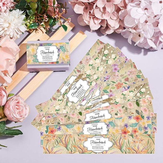 100 Eucalyptus Leaves Soap Wrapper 8 Style Vintage Flower Wrap Tape Kraft Paper Vertical Tag Sleeves Covers for Christmas Homemade Soaps Packaging Supplies(Vintage Flowers 2)