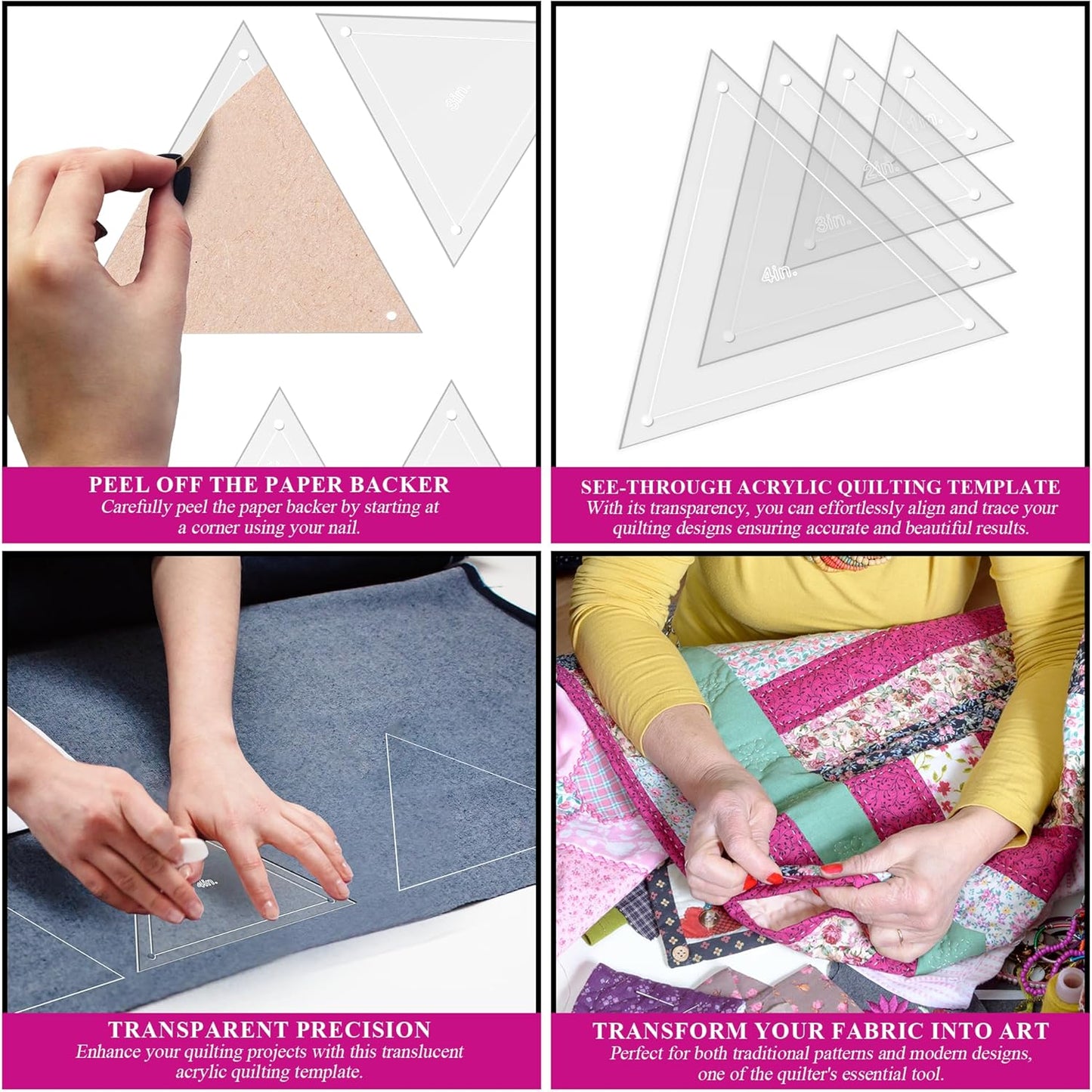 Quilting Acrylic Template Set | Precision Tools for Quilting Enthusiasts | Triangle Design | Includes Sizes 4", 3", 2", 1" | 1/8 Clear Acrylic | 1/4" Seam Allowance for Accuracy