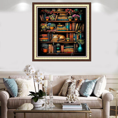 Findvoor Counted Cross Stitch Kits for Adults Full Range of Cross Stitching Embroidery Unprinted Pattern for Beginners, 11CT Needlepoint Kit Patterns Embroidery Kits-Bookshelf Cat 18x18 inch