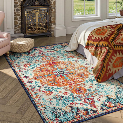 Lahome Bohemian Floral Medallion Area Rug - 4x6 Oriental Distressed Bedroom Rug Country Vintage Faux Wool Indoor Throw Mat Non-Slip Washable Low-Pile Carpet for Bathroom Living Kitchen Laundry Room