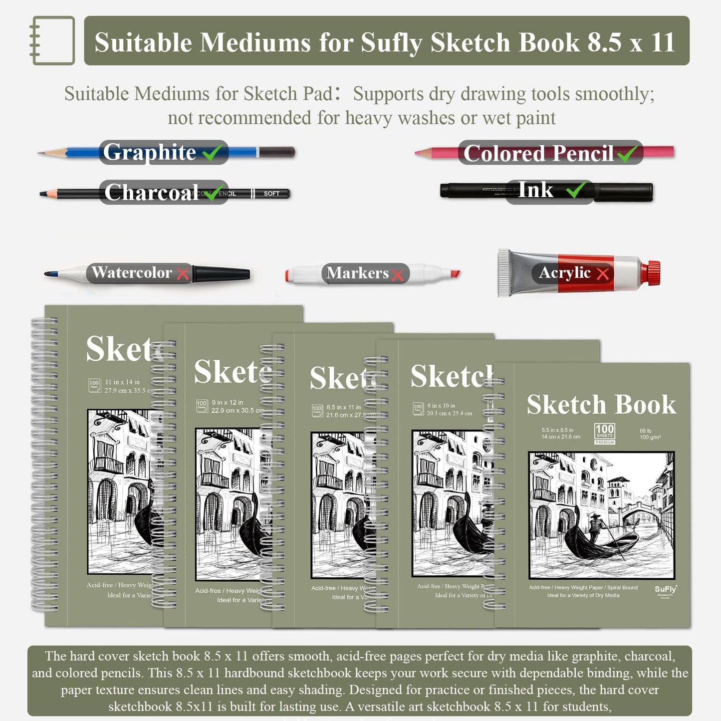 Sketch Book 8.5 x 11, Sketch Pad, Pack of 1 (68lb/100gsm), 100 Sheets Spiral Sketchbook, Acid Free Drawing Paper, Sketch Pads for Drawing for Adults, Art Paper for Drawing and Painting for Kids. - Crafty Corner
