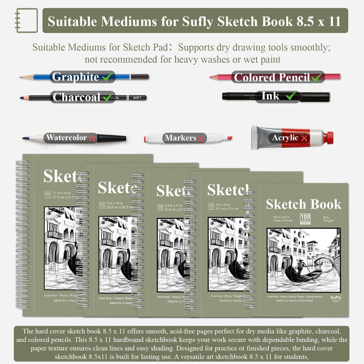 Sketch Book 8.5 x 11, Sketch Pad, Pack of 1 (68lb/100gsm), 100 Sheets Spiral Sketchbook, Acid Free Drawing Paper, Sketch Pads for Drawing for Adults, Art Paper for Drawing and Painting for Kids. - Crafty Corner