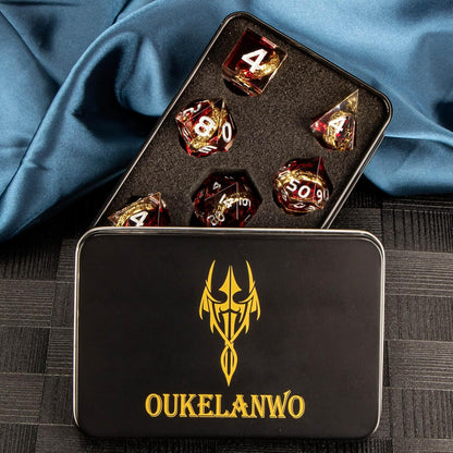 OUKELANWO Magic Lord Rings DND Dice Set with Box, 7Pcs Resin LOTR D&D Dice Set for Role Playing Game, Red Dungeons Dragons D and D Sharp Edge Dice D20 D12 D10 D8 D6 D4