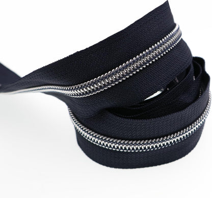 Leekayer Silver Metallic Nylon Coil Zippers by The Yard Bulk 10 Yards Navy Black with 25pcs Silver Sliders for DIY Sewing Tailor Craft Bag