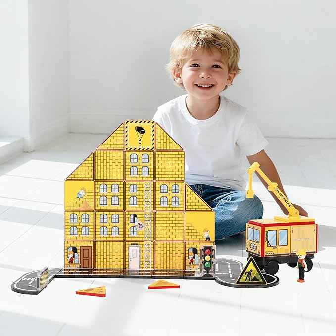 Fire Station Magnetic Tiles Set 60PCS | STEM Magnetic Building Blocks with Fire Trucks & Cranes | Educational Construction Toy for Kids Ages 3–8 | Compatible with All Tile Brands
