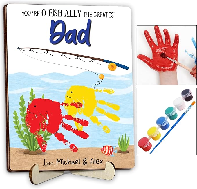 Personalized Handprint Fishing Wooden Sign Gift for Dad, Grandpa, DIY Baby Handprint Kit with Paints, Art Craft Family Keepsake, Father’s Day Birthday Gift for New Dad, Parents, Grandparents