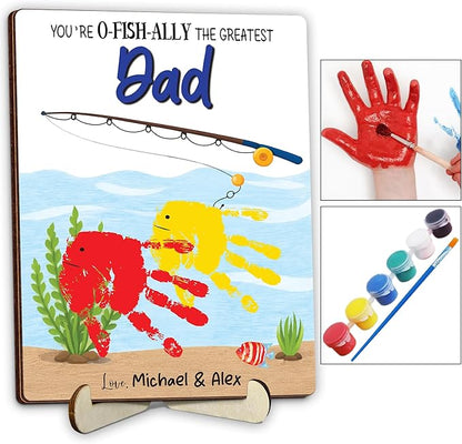 Personalized Handprint Fishing Wooden Sign Gift for Dad, Grandpa, DIY Baby Handprint Kit with Paints, Art Craft Family Keepsake, Father’s Day Birthday Gift for New Dad, Parents, Grandparents