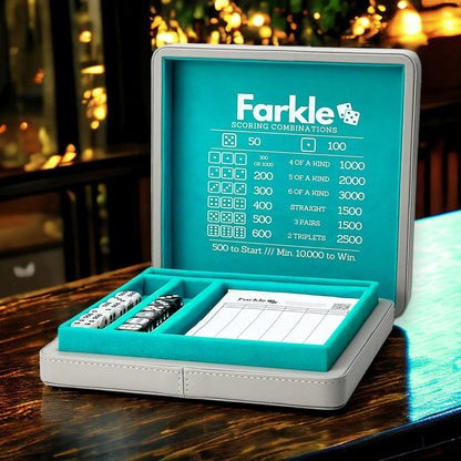 Luck Lab Farkle Dice Tray and Storage Case - Includes Embedded Scoring Combinations, 2 Sets of 6 Pearl Dice, 40 Sheet Score Pad and Pen Holder for The Classic Family Game (Grey and Turquoise)