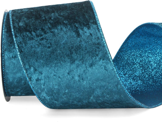 Ribbli Turquoise Blue Velvet Wired Ribbon 4 Inch Teal Velvet with Turquoise Glitter Christmas Ribbon for Christmas Tree Decoration Big Bow Gift Wrapping Crafts Wreaths Supplies- 10 Yards - Crafty Corner