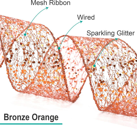 CT CRAFT LLC Sparkling Glitter Mesh Wired Ribbon 2.5" x 10 Yards Bronze Orange for Christmas Home Decor Bow Gift Wrapping DIY Crafts Wreath - Crafty Corner