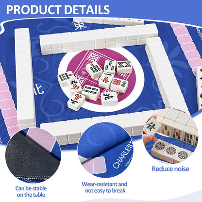 Mahjong Mat with Rules for Table with 6 Mahjong Playing Instructions,4 Mahjong Tile Mixer,4 Dice & Carrying Bag,Non-Slip and Silent Travel Mahjong Set for Mahjong/Poker/Board Games/Card Games/Dominoes