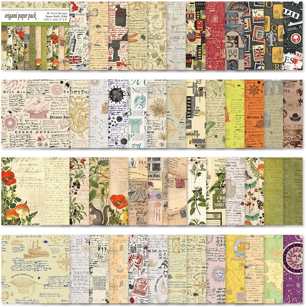 Square Origami Paper 6x6 Double Sided 50 Sheets 50 Colors 70GSM Origami Kit Japanese Chiyo Easy Fold Arts Crafts DIY Handwork Beginner Retro Newspapers - Crafty Corner