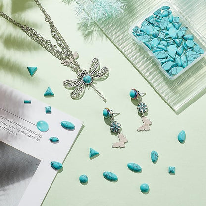 PH PandaHall 96pcs Stone Cabochons, 8 Shapes Blue Texture Gemstone Tiles Column Square Bead Half Round Synthetic Turquoise Cabochon Tile for Bracelet Necklace Earrings Cameo Jewelry Making