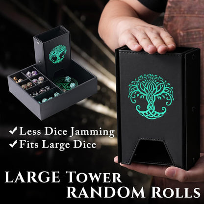 Dice Tray and Dice Tower for DND and RPG - All-in-One Game Roamer Tray & Large Tower for Random Rolls - Stores Your Sets, Mini's and More Compatible with D&D (Green Tree)