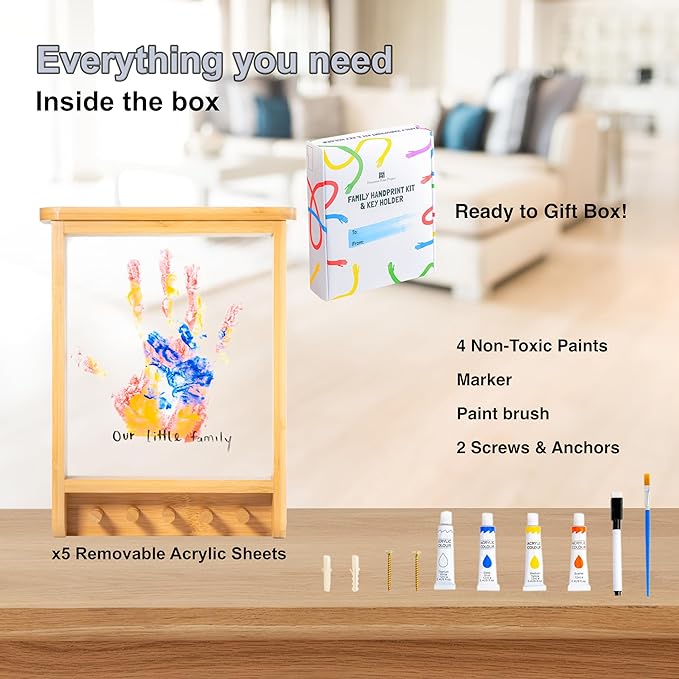 Family Handprint Kit & Key Holder – DIY Eco-Friendly Bamboo Keepsake Kit with Non-Toxic Paints, Personalized Baby Gifts for Family, New Parents & Grandparents, Unique Gift for Baby Showers