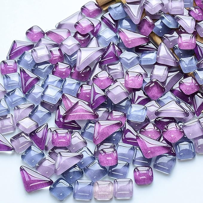 200g Square Triangle Rectangle Mixed Colors Shine Crystal Series Mosaic Tiles, Glass Mosaic Tiles Glitter Crystal Mosaic Perfect for Home Decoration Crafts, Irregular Size (Purple Mix)