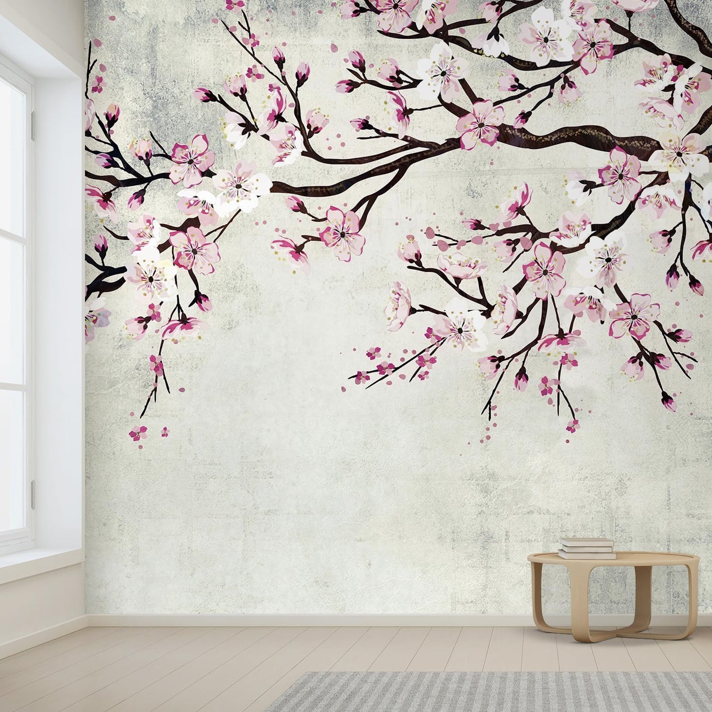 wall26 Large Wall Mural Watercolor Style Ink Painting Pink Cherry Blossom on Vintage Wall Background | Self-Adhesive Vinyl Wallpaper/Removable Modern Wall Decor - 120x120 inches