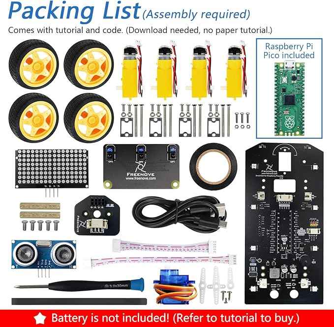 Freenove 4WD Car Kit for Raspberry Pi Pico (Included) (Compatible with Arduino IDE), Dot Matrix Expressions, Obstacle Avoidance, Line Tracking, Light Tracing, Colorful Light