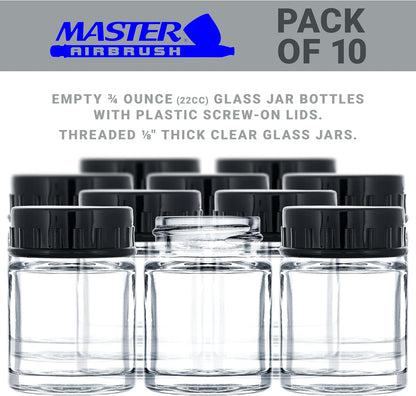 Master Airbrush (Pack of 10) TB-001 Empty 3/4 Ounce (22cc) Glass Jar Bottles with Plastic Lids - Replacement Jars, Paint Storage Bottles - Jars Screw Into Siphon Feed Airbrush Lid Adaptor Assemblies