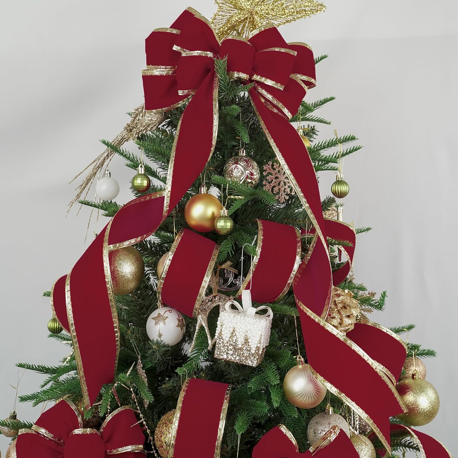MEEDEE Burgundy Velvet 2.5 Inch Dark Red Christmas Ribbon 10 Yards Wired with Gold Greek Key Edge for Tree Decoration - Crafty Corner