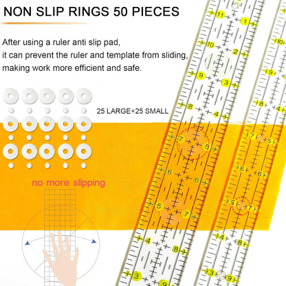 Quilting Ruler, Sewing Ruler, 8 Pack, Acrylic Quilting Templates(6"x17", 3"x17", 2"x16", 1.5"x12", 1"x12", 1"x6", 8"x3"), Non Slip Rings 25 Pieces, Sewing and Quilting Supplies - Clear/Yellow