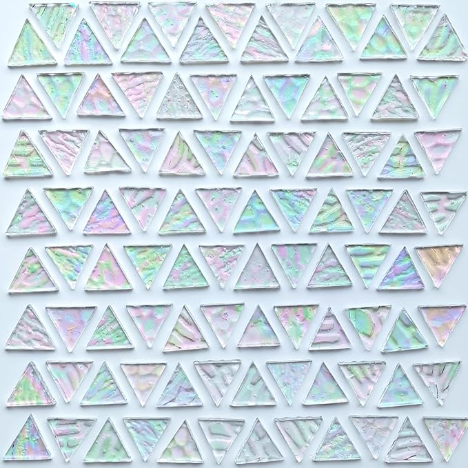 120 Pieces 1 Inch Triangles (White Clear Iridescent) Stained Glass for DIY Crafts, Precut Mosaic Tiles Bulk - Mosaic Kits, Windows, Art Projects - Stained Glass Pieces for Beginners
