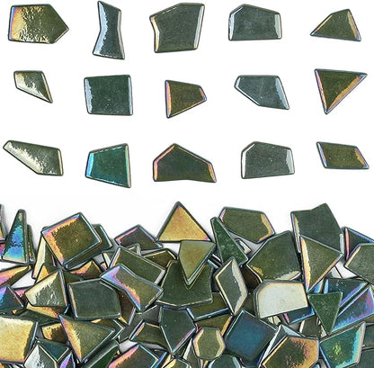 Youway Style Iridescent Glass Mosaic Tiles for Crafts Bulk,200g Green Broken Mosaic Glass Pieces for Garden Crafts Kits,DIY Mosaic Art Decor