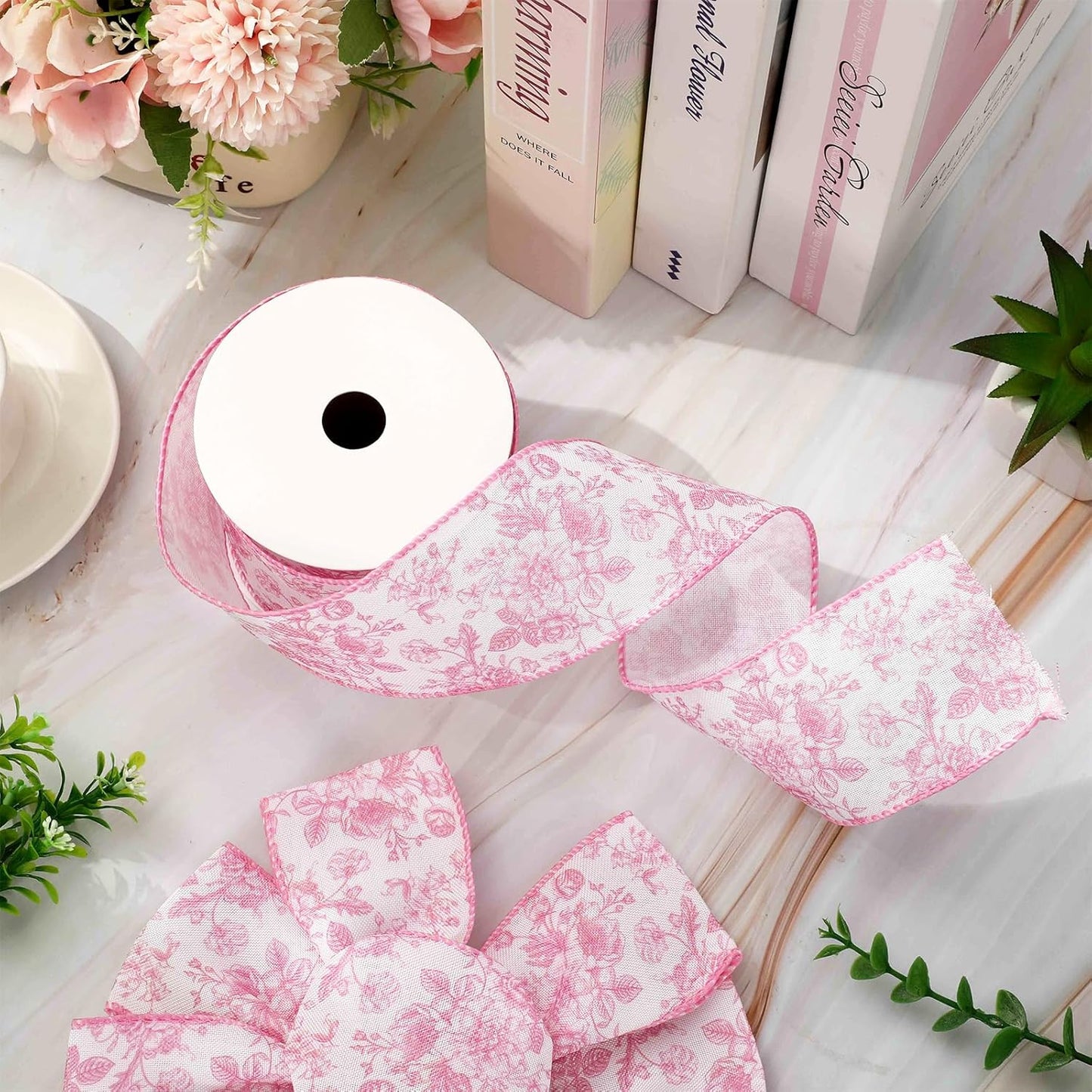 AnyDesign Floral Wired Edge Ribbon Roll Pink Flower Ribbon Chinoiserie Fabric Ribbon for Wreath Bow Making DIY Crafts Gift Wrapping, 12 Yard - Crafty Corner