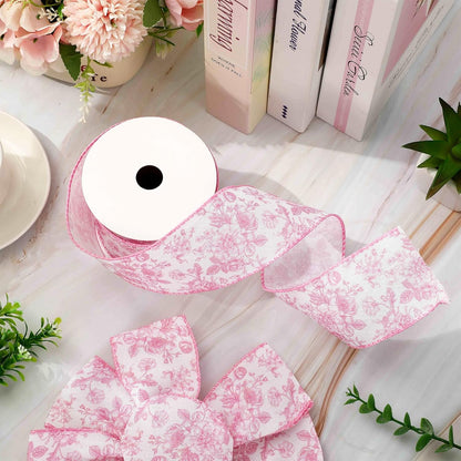 AnyDesign Floral Wired Edge Ribbon Roll Pink Flower Ribbon Chinoiserie Fabric Ribbon for Wreath Bow Making DIY Crafts Gift Wrapping, 12 Yard - Crafty Corner