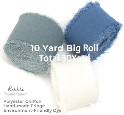 Ribbli Chiffon Silk Ribbon, 1.5 in x 30 Yards, White/Slate Blue/Dusty Blue Fringe, Wedding Invitations, Bridal Bouquets, Flower Arrangement - Crafty Corner