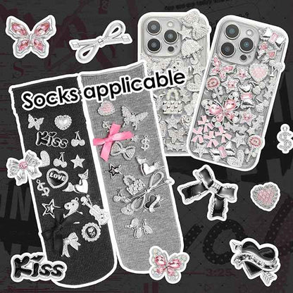 100 Pcs Bling Flat Back Junk Charm Kit for Junk Socks/Shoes/Phone Cases/Bracelets & DIY Accessories, Including Silver and Pink Bows/Hearts/Stars/Rhinestone Charms, Great Christmas Gift Idea for Girls