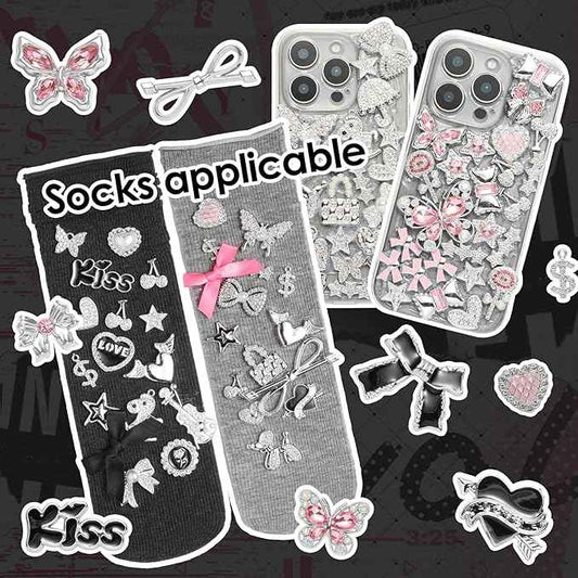 100 Pcs Bling Flat Back Junk Charm Kit for Junk Socks/Shoes/Phone Cases/Bracelets & DIY Accessories, Including Silver and Pink Bows/Hearts/Stars/Rhinestone Charms, Great Christmas Gift Idea for Girls