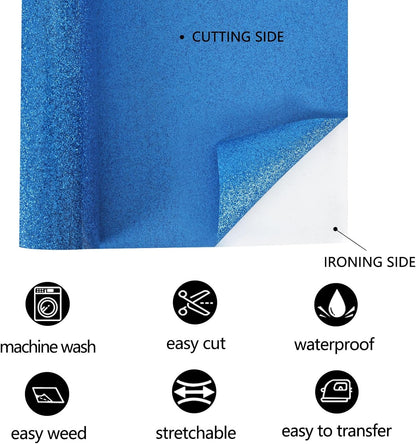 FUNKAKA Glitter Blue HTV Heat Transfer Vinyl Rolls, 12" x 8ft PU Iron on Vinyl for T-Shirt Blue Glitter HTV Vinyl for All Cutter Machines Easy to Cut & Weed for Heat Vinyl Design