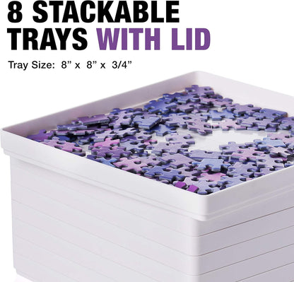 Tidyboss 8 Puzzle Sorting Trays with Lid 8" x 8" - Portable Jigsaw Puzzle Accessories White Background Makes Pieces Stand Out to Better Sort Patterns, Shapes and Colors | for Puzzles Up to 1500 Pieces