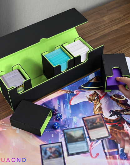 Card Deck Box with Dice Tray for MTG, 5 in 1 Card Deck Case Holds 800+ Unsleeved Cards, Strong Magnet Organizer Compatible with Yugioh TCG Sports (Black Green)
