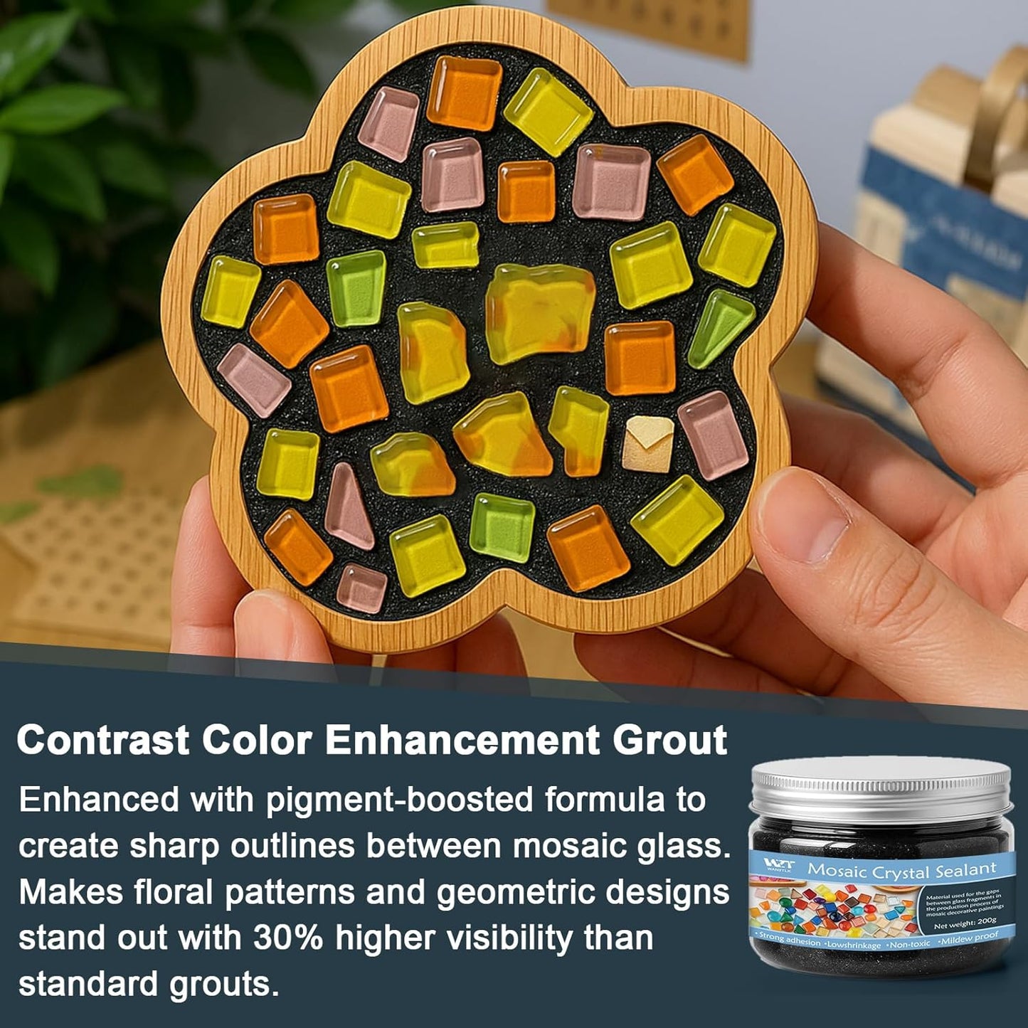 Professional Mosaic Grout for Crafts Black 200g - Quick-Dry Crystal Tile Grout with Contrast Color Technology, DIY Art Supplies for Mosaic Glass Decor, Handmade Gifts & Home Improvement Projects