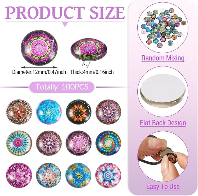 Craftora 100Pcs Flower Printed Glass Cabochons for Jewelry Making, Mixed Color Half Round Cameo Dome Tiles Mosaic Printed Flatback Dome Cabochons for Photo Cameo Pendant Scrapbooking DIY Crafts