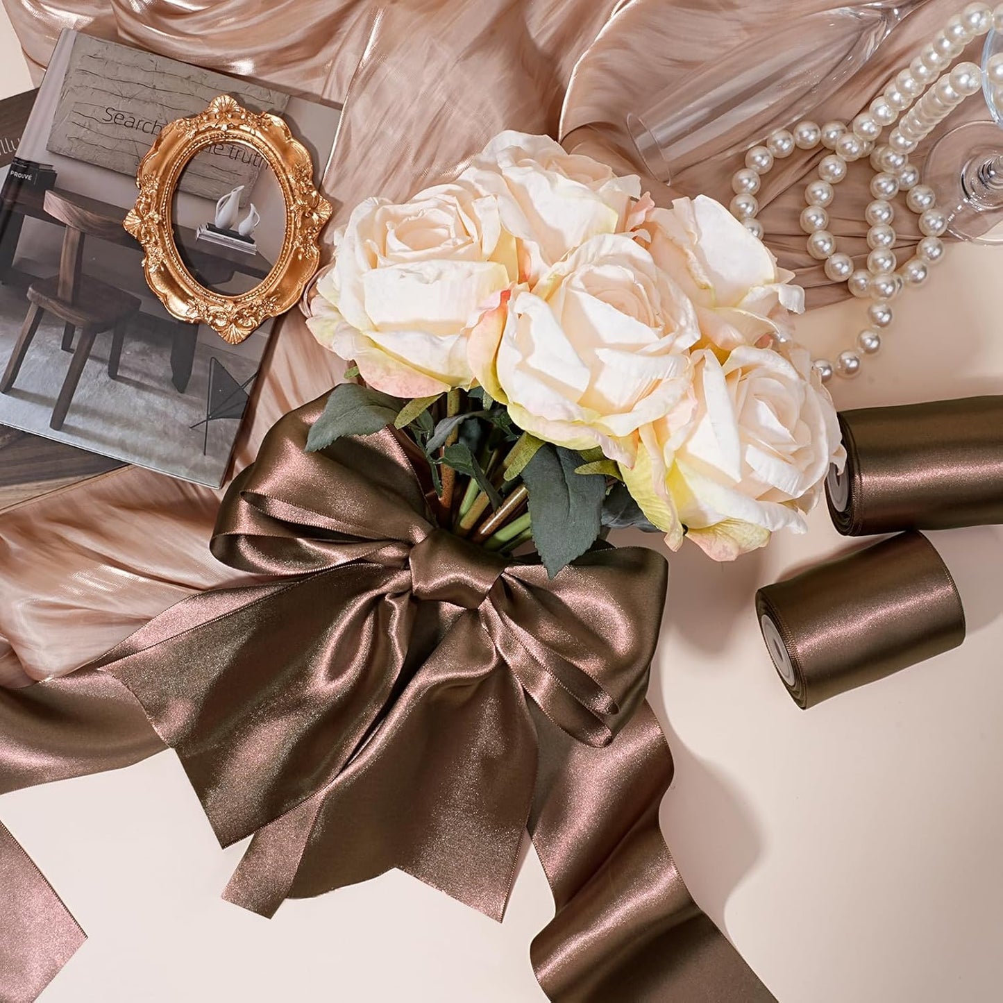LaRibbons Brown Satin Ribbon 3 Inch 10 Yards Double Faced Luxury Mocha Silk Ribbon for Gift Wrapping Flower Bouquets Bow Christmas Wedding Party Decoration - Crafty Corner