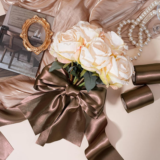 LaRibbons Brown Satin Ribbon 3 Inch 10 Yards Double Faced Luxury Mocha Silk Ribbon for Gift Wrapping Flower Bouquets Bow Christmas Wedding Party Decoration - Crafty Corner