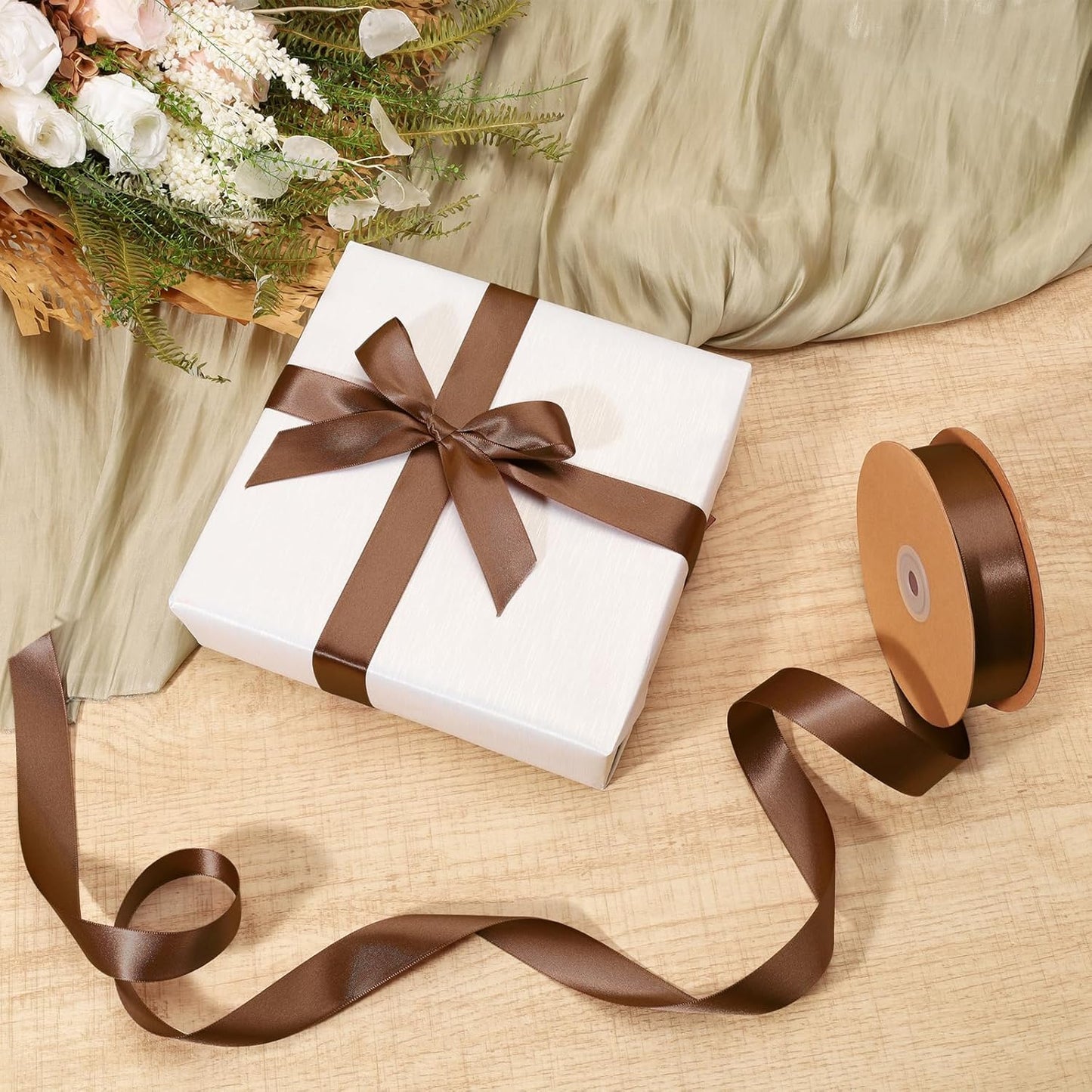 LaRibbons Brown Satin Ribbon 1 Inch 50 Yards Thin Luxury Double Faced Mocha Mousse Silk Ribbon for Flower Bouquet Crafts Gift Wrapping Wedding Decoration - Crafty Corner