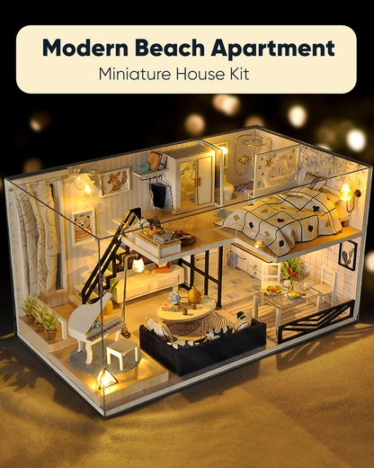 DIY Miniature House Kit, DIY Home Kit for Adults to Build, Modern Dollhouse Kit with Dust Proof & LED, Mayberry Street Miniatures, Ideal Gifts for Birthday,Valentine Christmas(Satisfied Apartment)